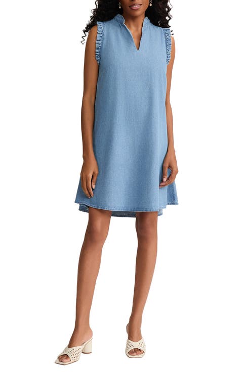 Ruffle Sleeveless Chambray Trapeze Dress (Petite)