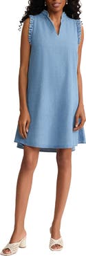 Jones New York Ruffle Sleeveless Chambray Trapeze Dress