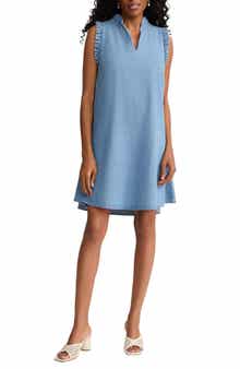 Ruffle Sleeveless Chambray Trapeze Dress