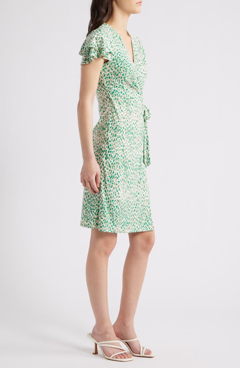 Anne Klein Animal Print Flutter Sleeve Wrap Dress, Alternate, color, Tropical Green Multi