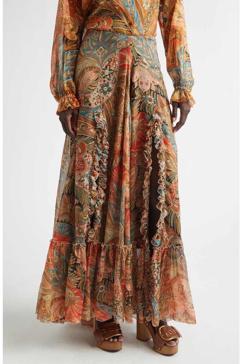 Paisley Print Ruffle Silk Chiffon Maxi Skirt, Main, color, PRINT ON RED BASE