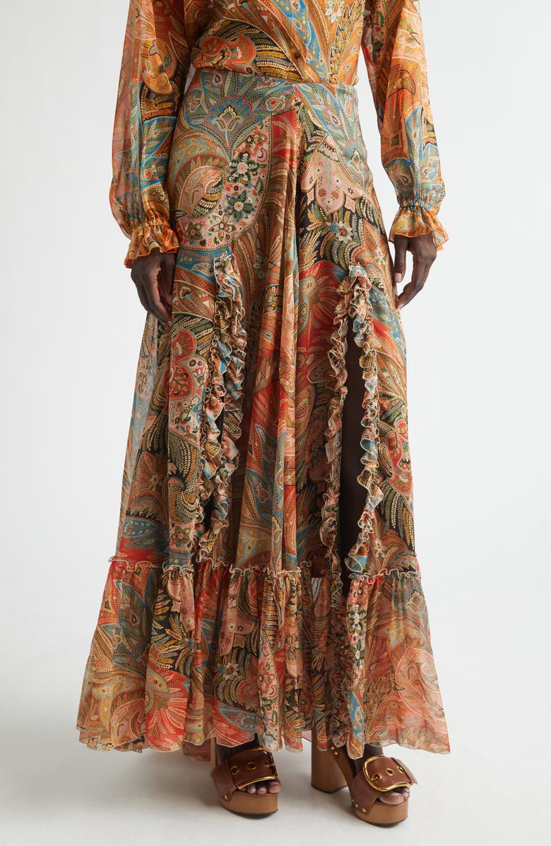 Etro Paisley Print Ruffle Silk Chiffon Maxi Skirt, Main, color, Print On Red Base