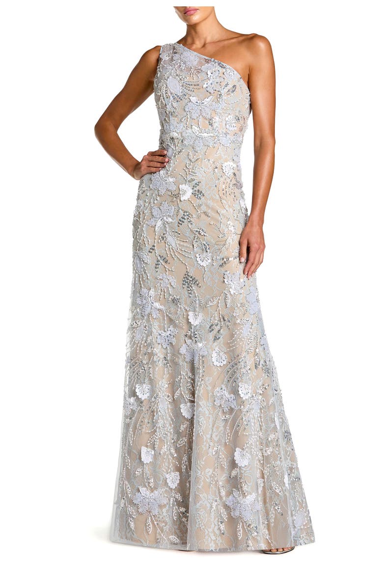 Mac Duggal One Shoulder Embellished Lace Trumpet Gown, Main, color, Powder Blue