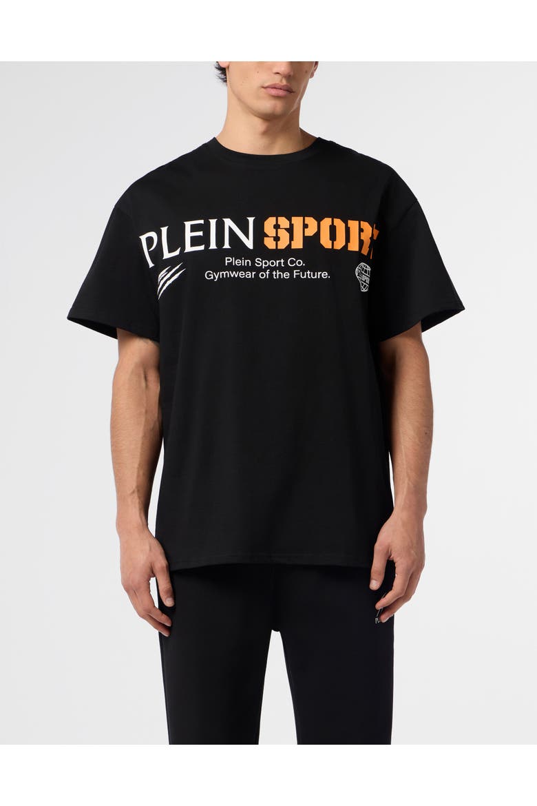 Round Neck T-Shirt Chest Logo Men, Main, color, black/orange