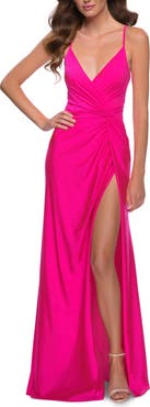 La Femme Neon Pink Jersey Gown with Knot Waist and Lace Up Back