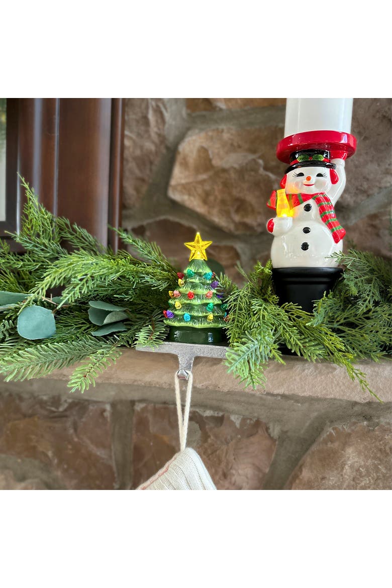 5 in. Lit Ceramic Green Tree Stocking Hanger, Alternate, color, Green