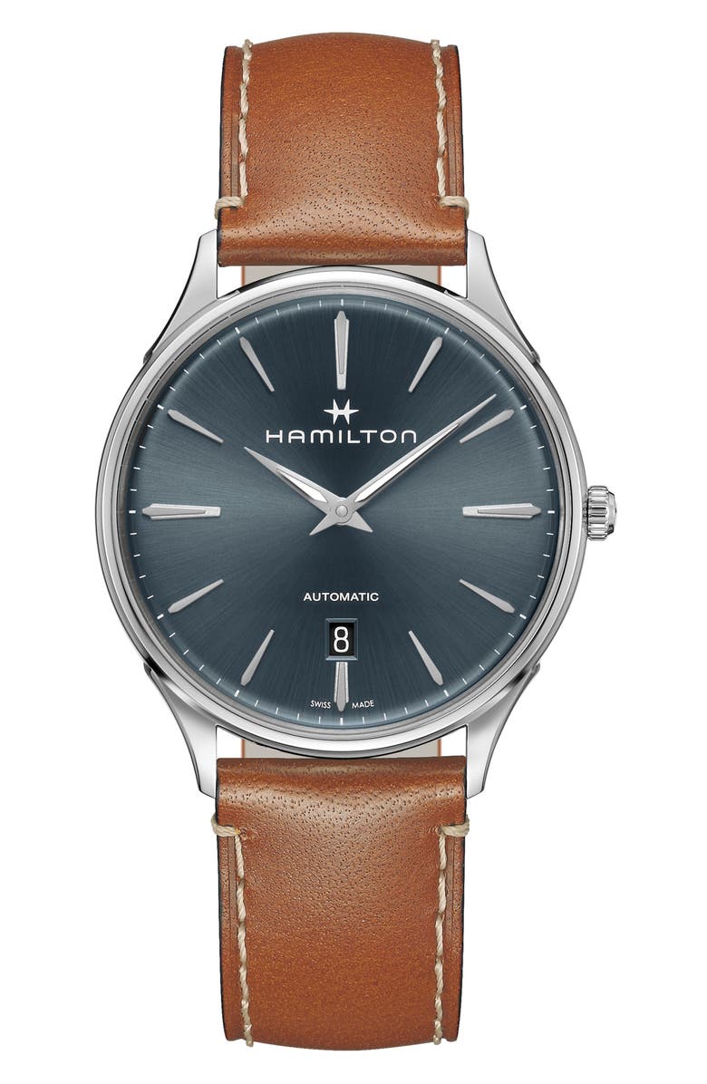 Hamilton Jazzmaster Thinline Automatic Leather Strap Watch, 40mm, Main, color, Brown/ Blue/ Silver