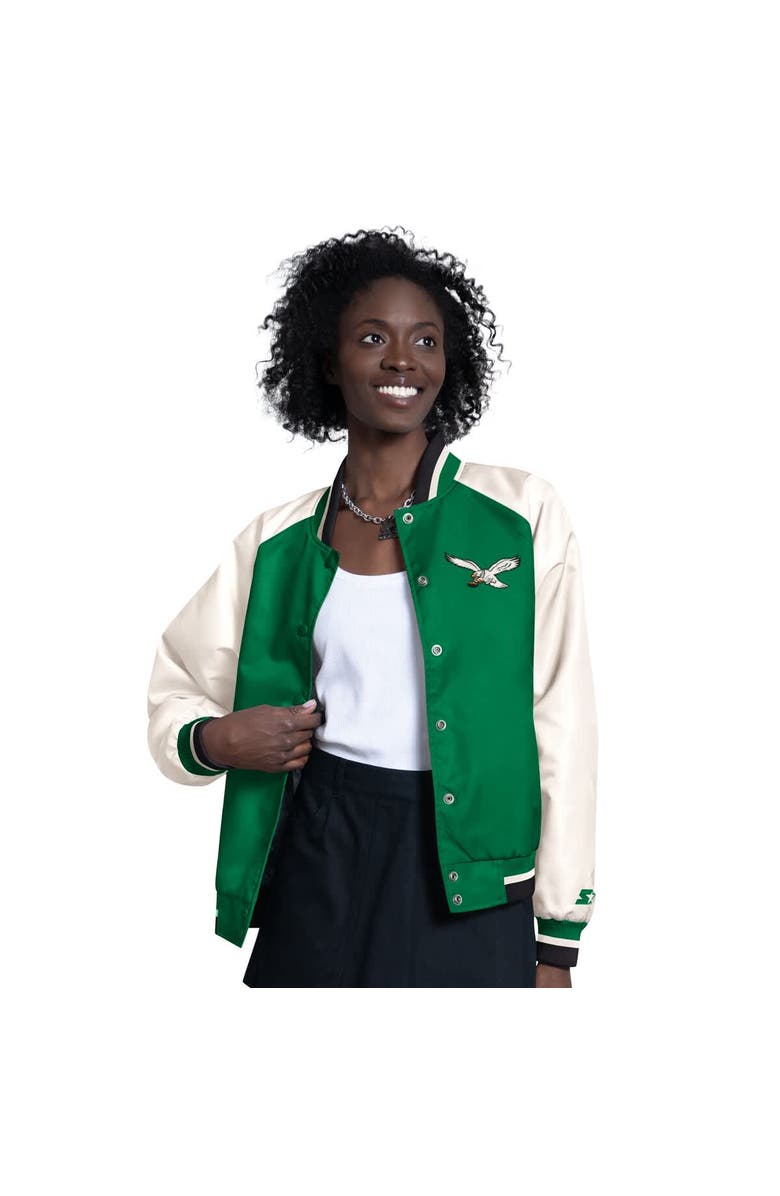 STARTER Women's Starter  Kelly Green/White Philadelphia Eagles Raglan Blitz Full-Snap Varsity Jacket, Main, color, Kelly Green
