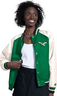 STARTER Women's Starter  Kelly Green/White Philadelphia Eagles Raglan Blitz Full-Snap Varsity Jacket