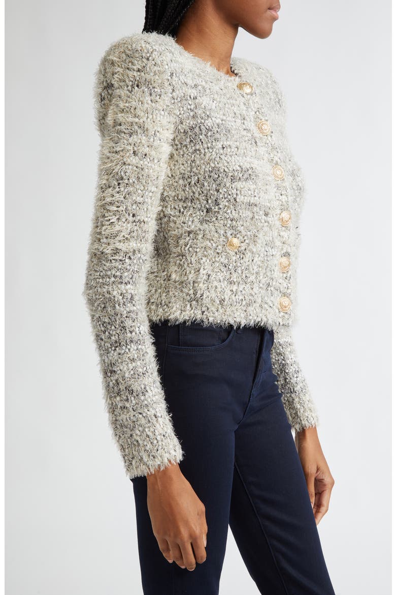 Una Crop Eyelash Tweed Cardigan, Alternate, color, BLACK/ IVORY/ GOLD MULTI