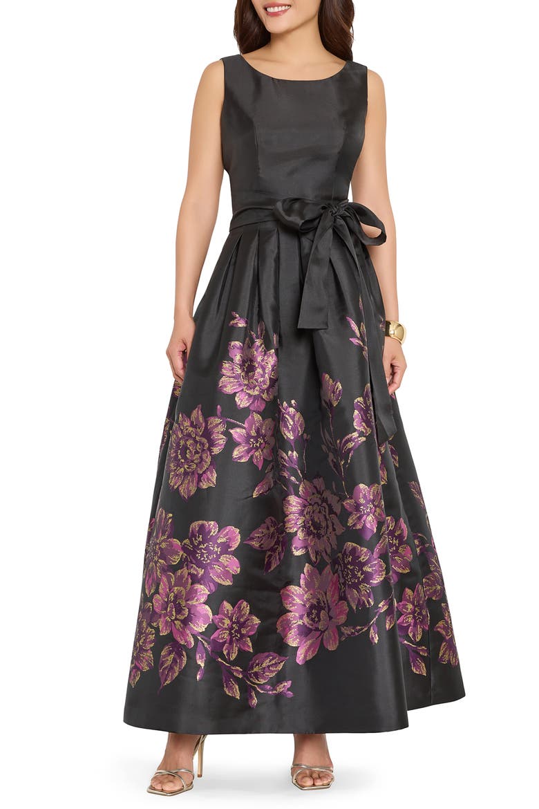 Placed Metallic Floral Sleeveless Gown, Main, color, BLACK CRANBERRY