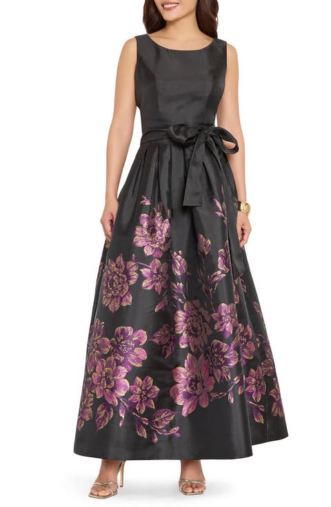 Placed Metallic Floral Sleeveless Gown