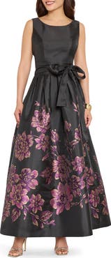 Tahari ASL Placed Metallic Floral Sleeveless Gown