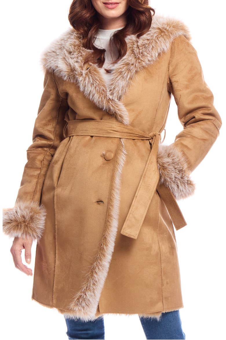 Sundown Faux Fur & Faux Suede Belted Coat, Alternate, color, TOBACCO