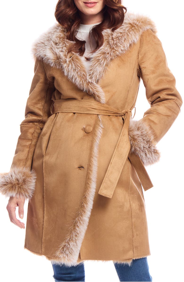 DONNA SALYERS FABULOUS FURS Sundown Faux Fur & Faux Suede Belted Coat, Alternate, color, 