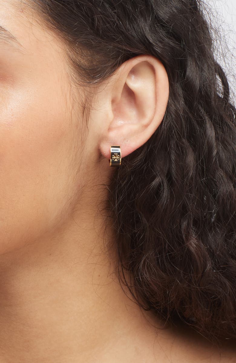 Tory Burch Icon Huggie Earrings, Alternate, color, Tory Gold / Black