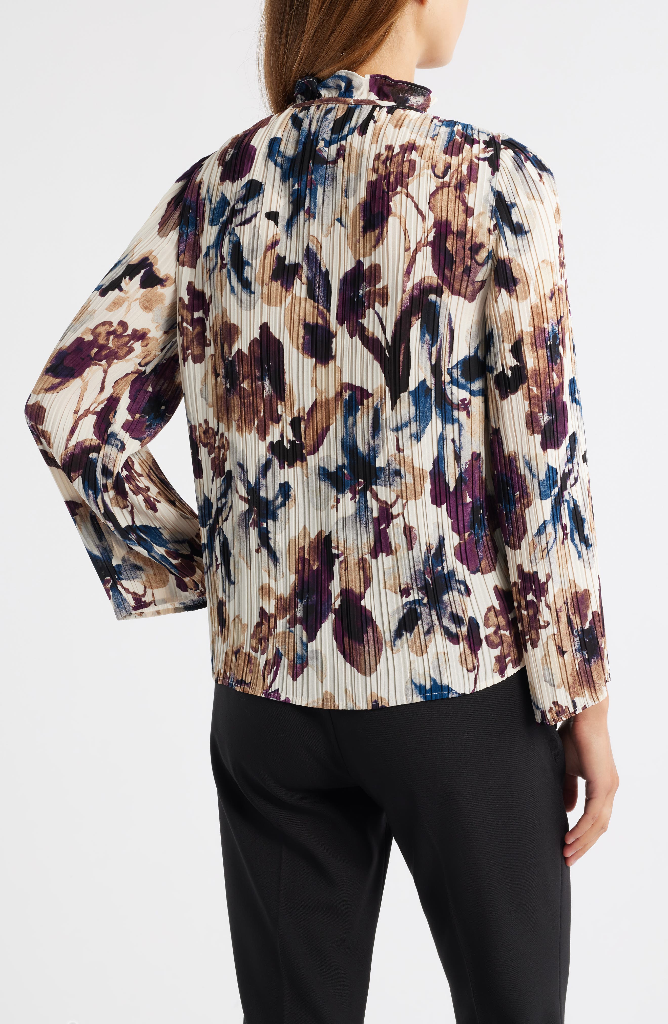 Floral Pleated Tie Neck Top - image 2
