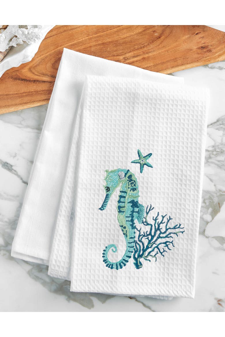 Seahorse & Coral Embroidered 100% Cotton Waffle Weave Dishtowel, Alternate, color, Blue