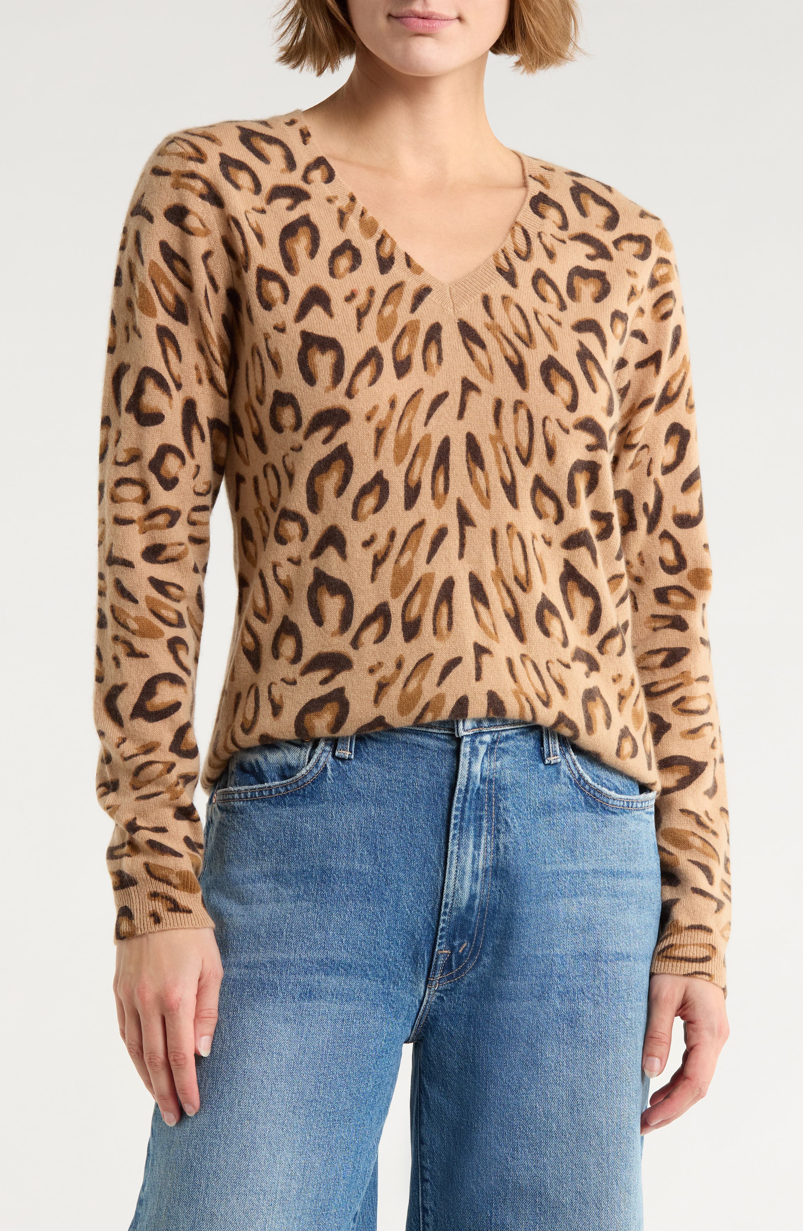 Magaschoni Leopard V-Neck Cashmere Sweater