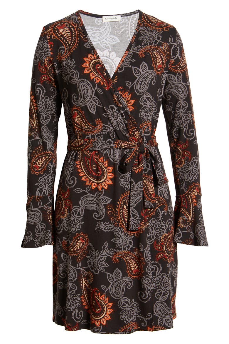 Paisley Long Sleeve Faux Wrap Dress, Alternate, color, BLACK