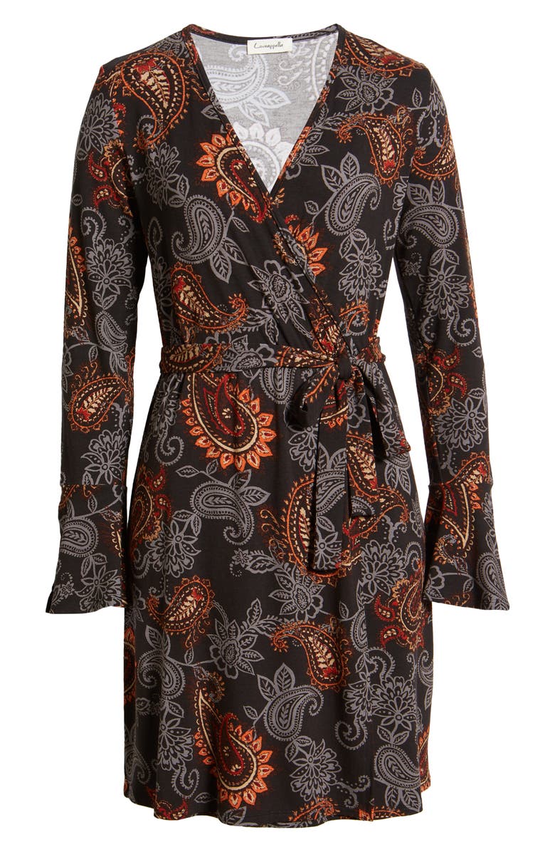 Loveappella Paisley Long Sleeve Faux Wrap Dress, Alternate, color, Black
