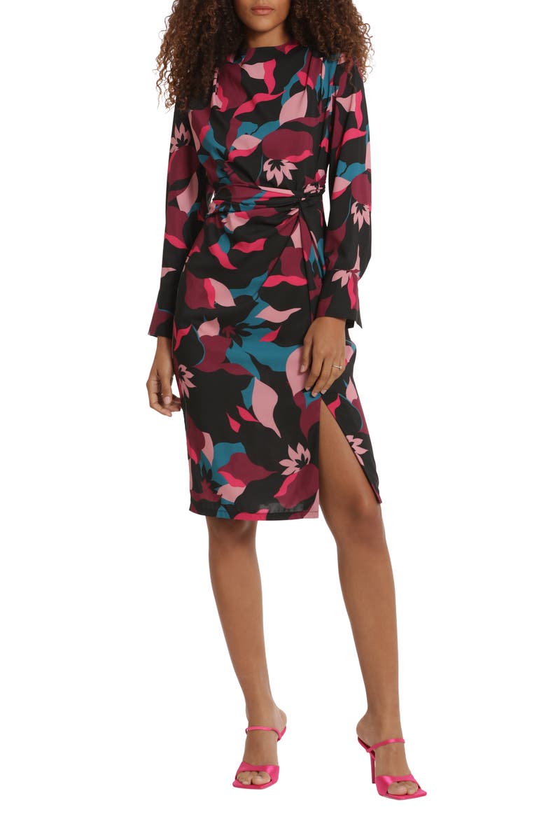 Print Twisted Long Sleeve Dress, Main, color, BLACK/ WINE