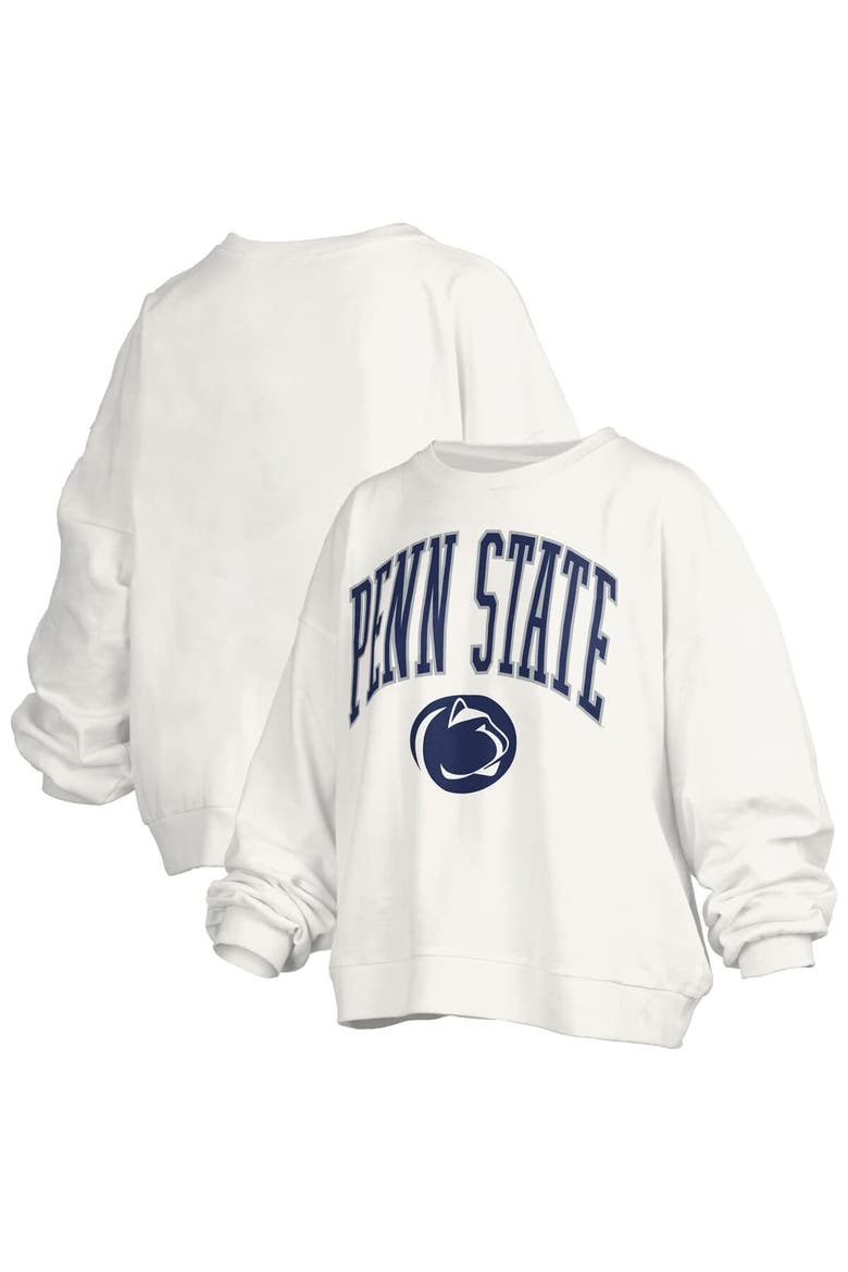 Women's Pressbox White Penn State Nittany Lions Janise Arch Over Logo Waist Length Oversized Pullover Sweatshirt, Main, color, White