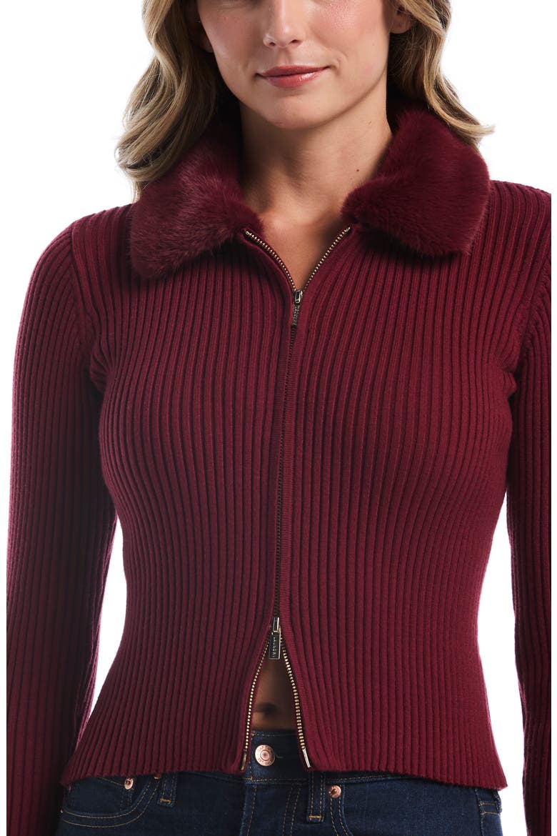 Faux Fur Collar Crop Zip Cardigan, Alternate, color, POMERGRANTE