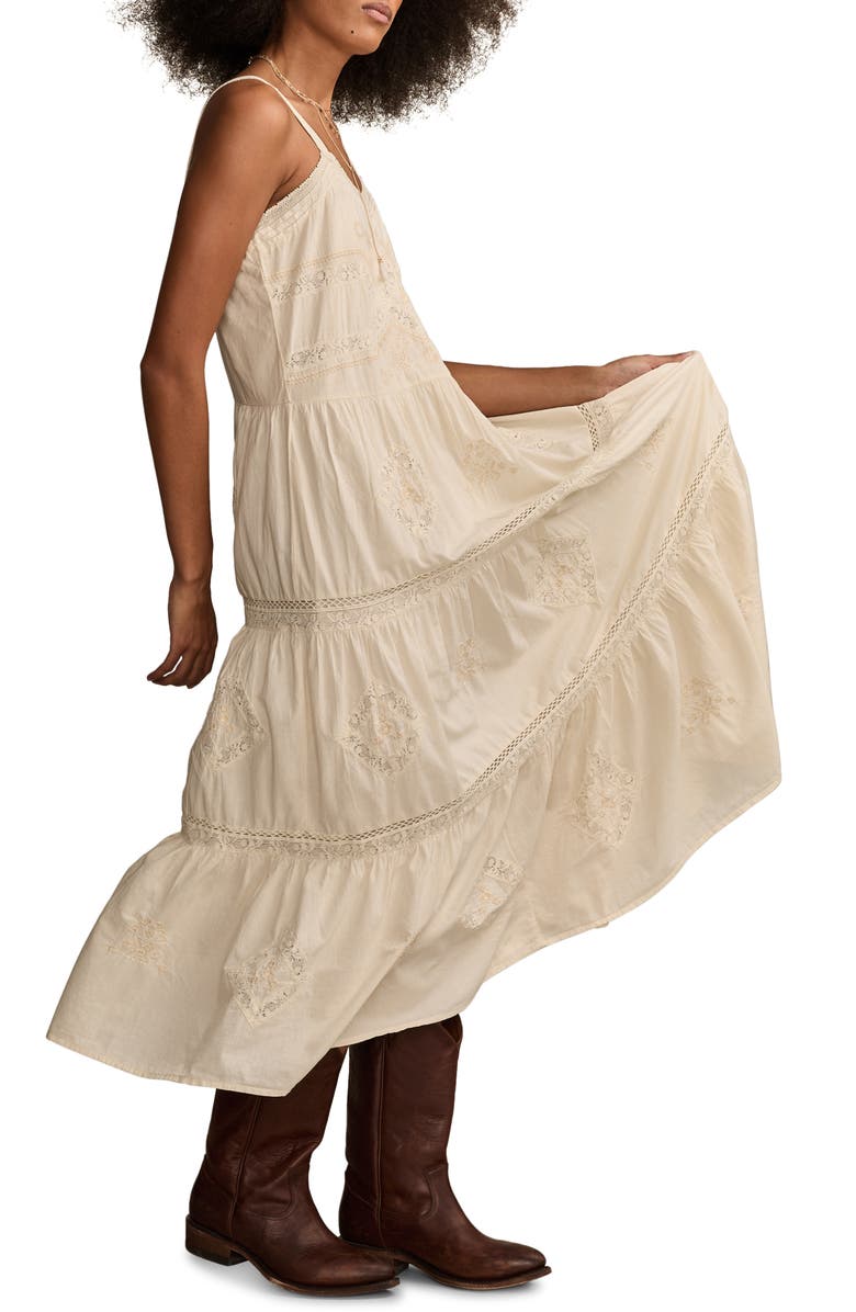 Lucky Brand Lace Inset Cotton Midi Dress, Alternate, color, 