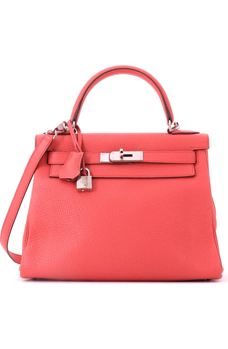 Pre-Owned Hermes Kelly Handbag Pink Clemence with Palladium Hardware 28, Main, color, Bougainvillier