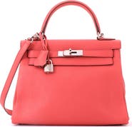 Pre-Owned Hermes Kelly Handbag Pink Clemence with Palladium Hardware 28
