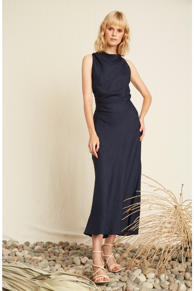 Aster Linen Midi Dress, Alternate, color, NAVY