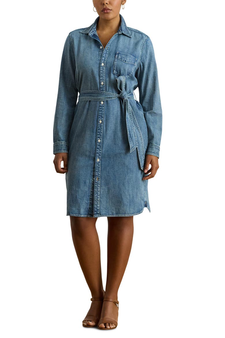 Jameika Long Sleeve Denim Shirtdress, Main, color, ODWIN WASH