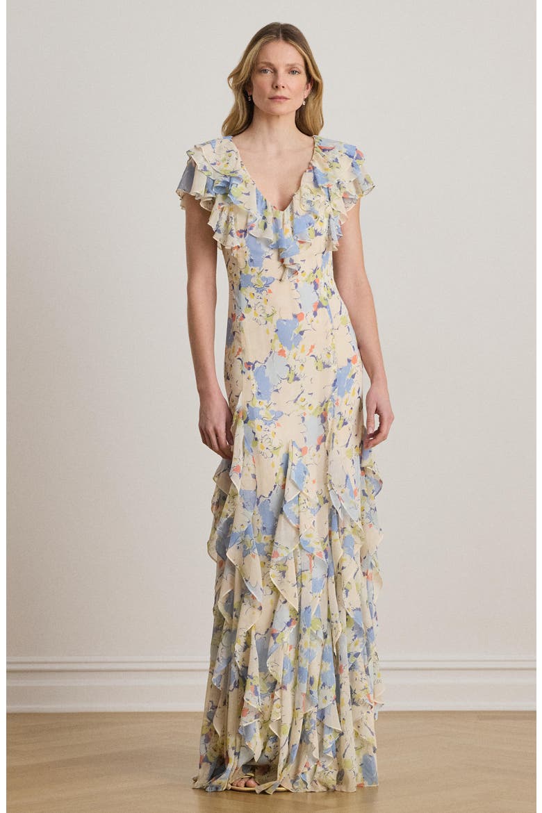 Floral Ruffle Gown, Alternate, color, BLUE/ MULTI