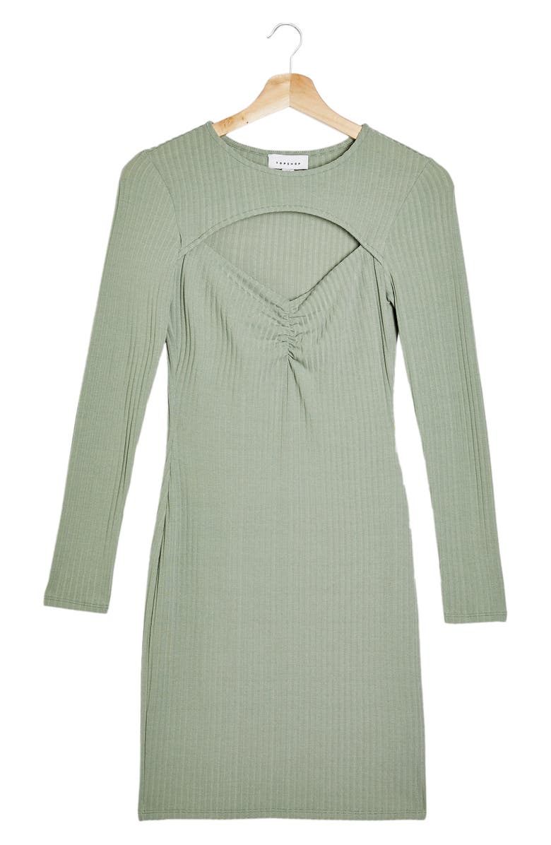 Topshop Rib Ruched Cutout Long Sleeve Minidress, Alternate, color, 