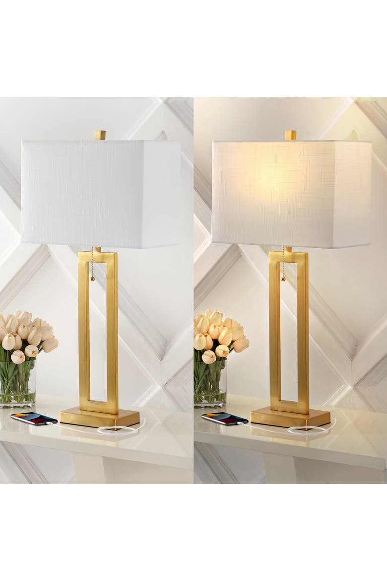 Sabrina Vintage Industrial Iron LED Table Lamp with Pull-Chain and USB Charging Port, Alternate, color, Brass Gold