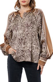 CIEBON Amber Printed Balloon Sleeve Satin Button-Up Shirt