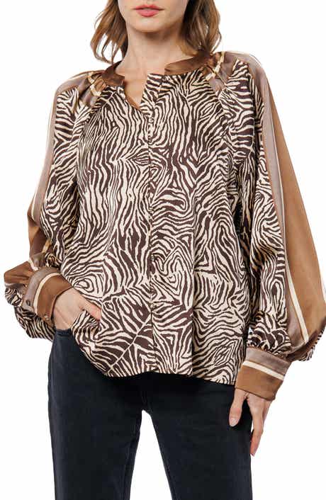 CIEBON Amber Printed Balloon Sleeve Satin Button-Up Shirt