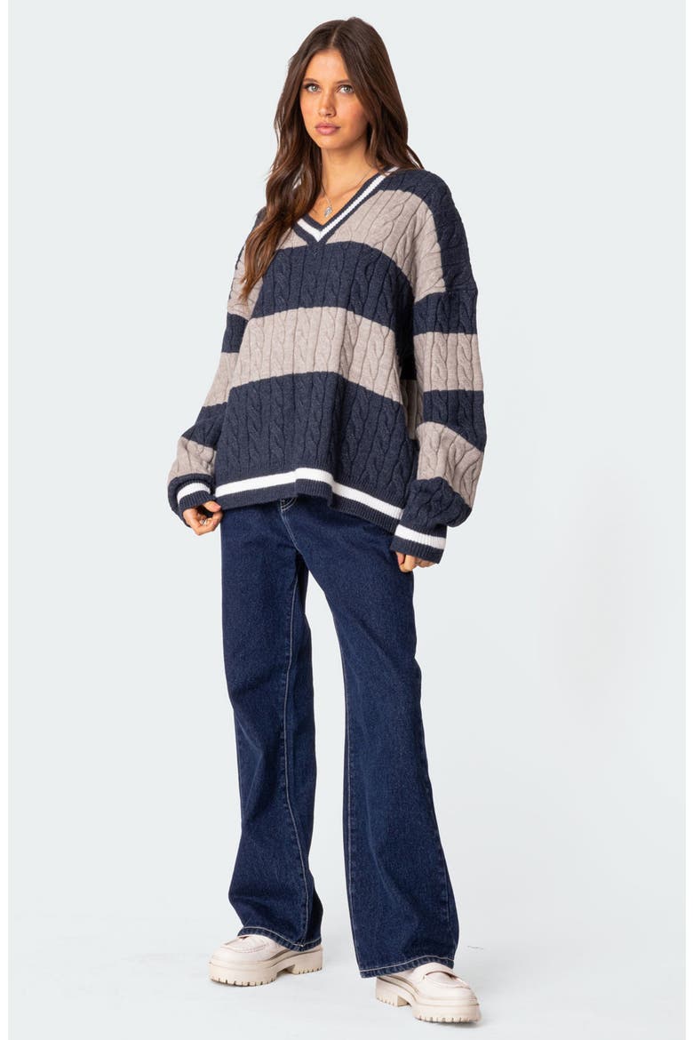 Romie Cable Knit V-Neck Sweater, Alternate, color, NAVY