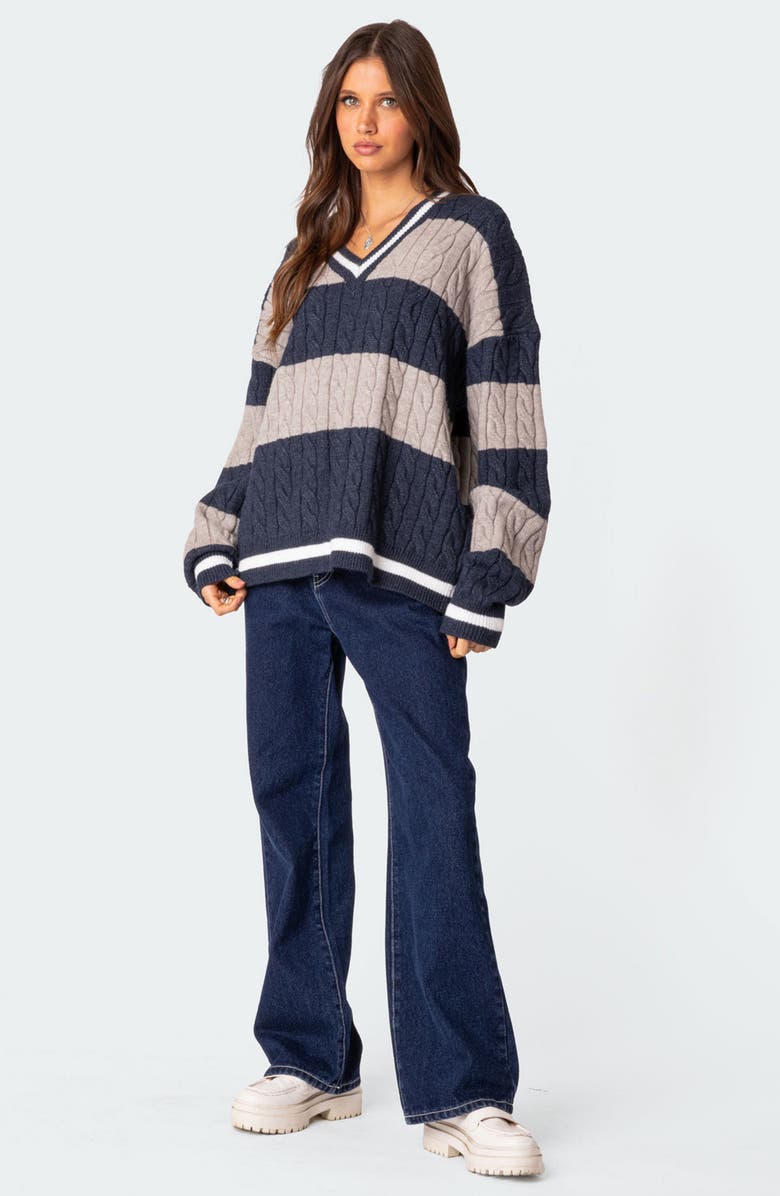 EDIKTED Romie Cable Knit V-Neck Sweater, Alternate, color, Navy