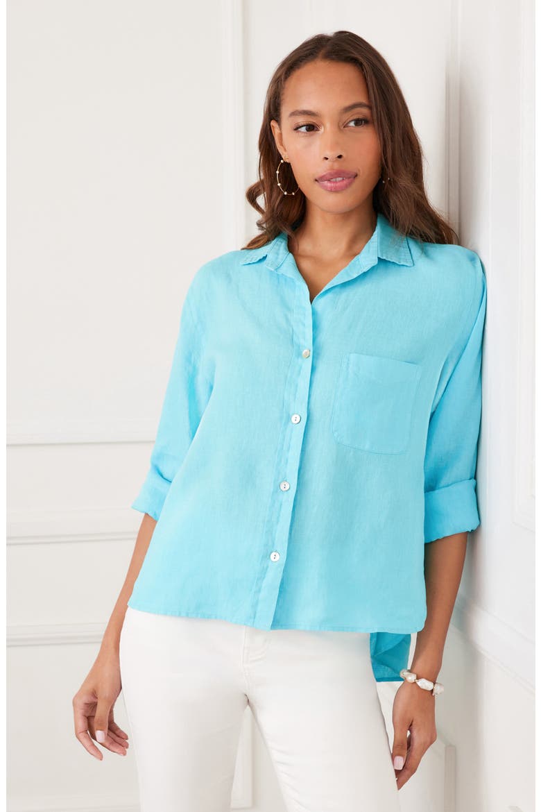 Linen Button-Up Shirt, Alternate, color, AQUA