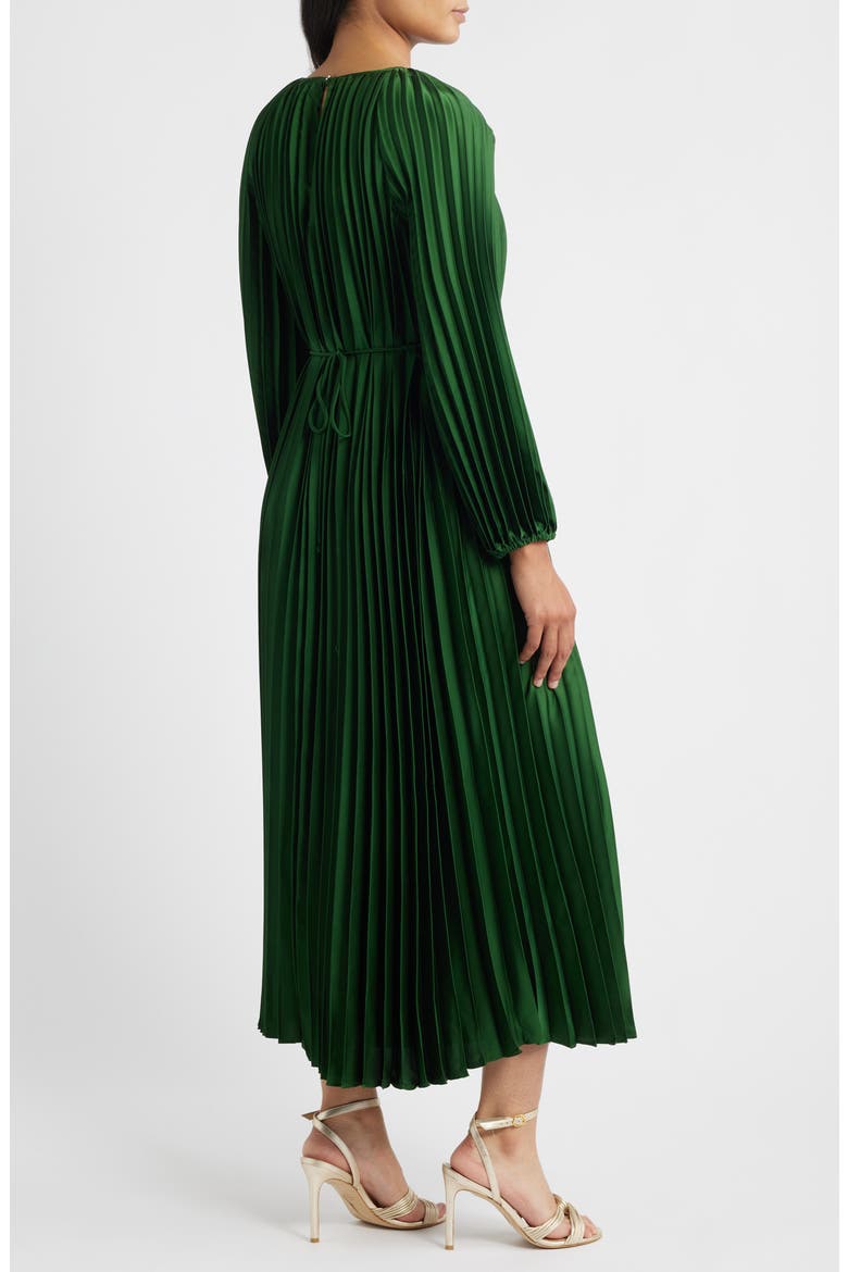Pleated Long Sleeve Satin Midi Dress, Alternate, color, GREEN