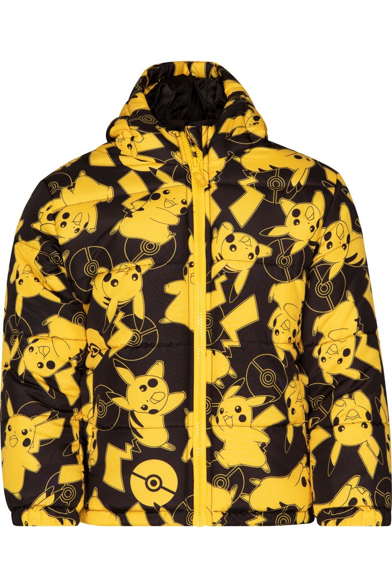 Pikachu Hooded Puffer Coat, Alternate, color, Black Pikachu Print