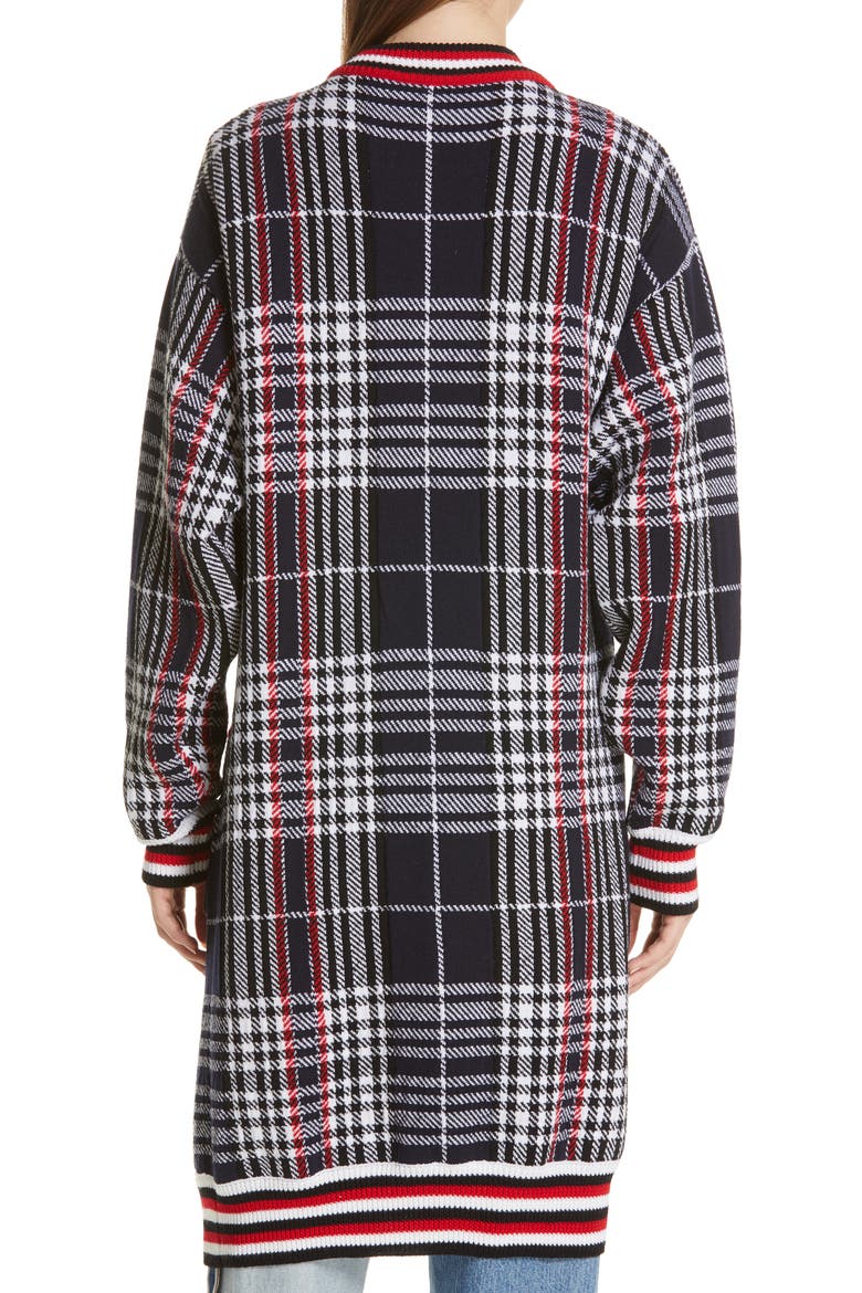 Tie Neck Longline Plaid Wool Cardigan, Alternate, color, BLACK PLAID