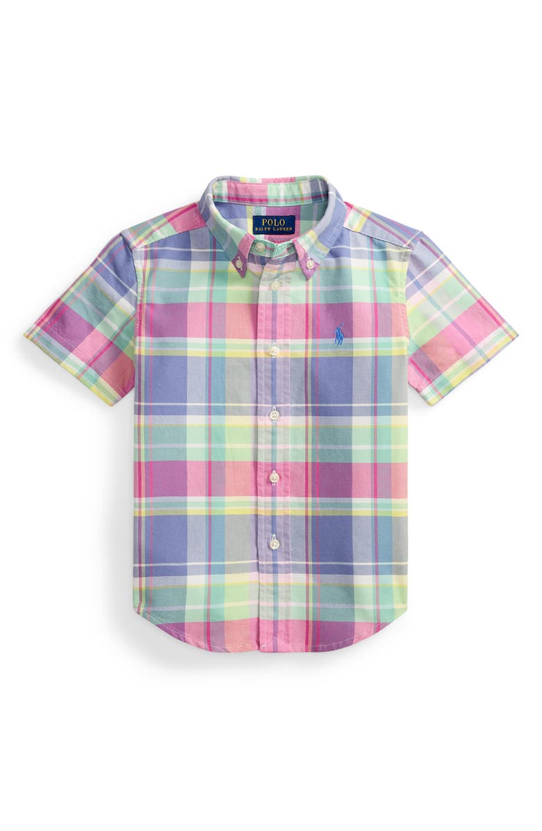 Polo Ralph Lauren Kids' Classic Plaid Short Sleeve Cotton Button-Down Shirt, Main, color, Jewel Blue Raspberry Multi