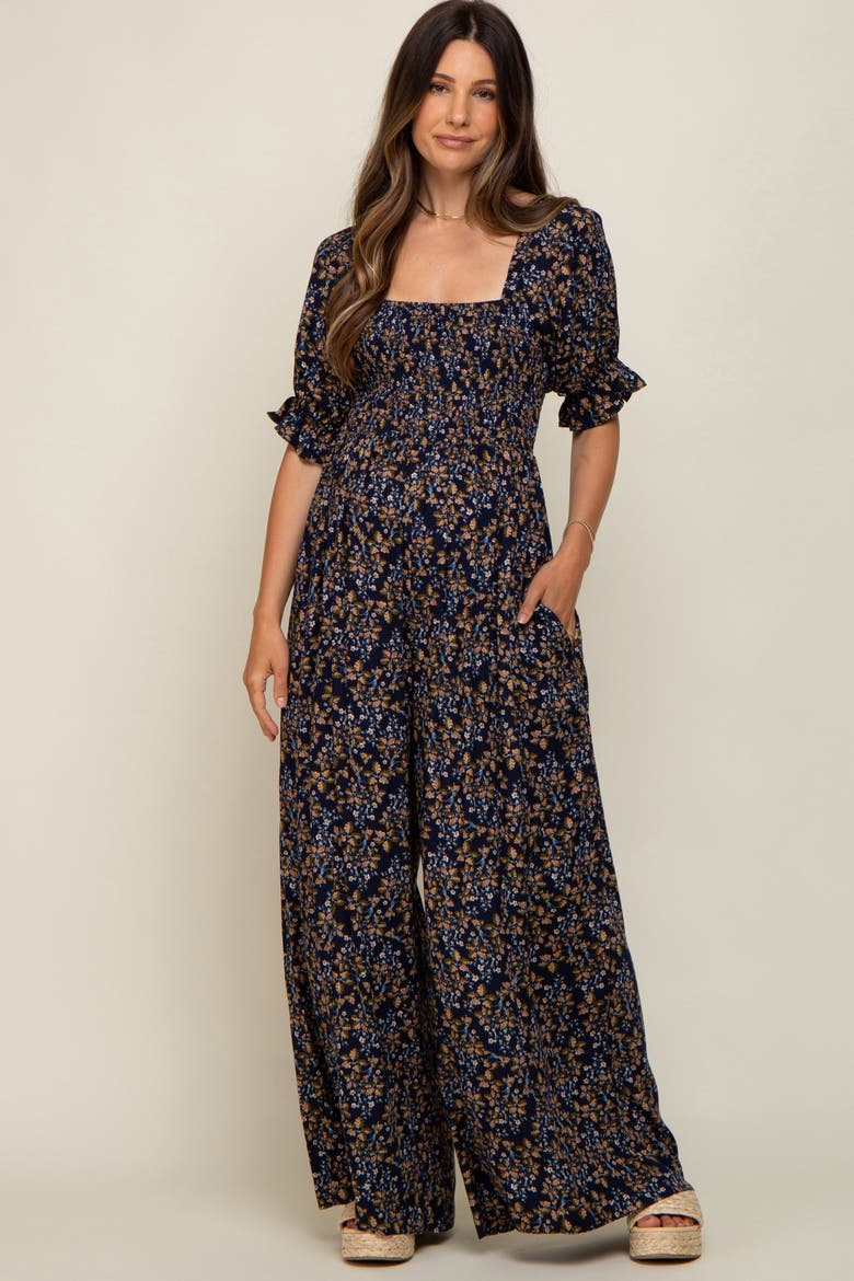 Floral Smocked Jumpsuit, Main, color, Navy Blue