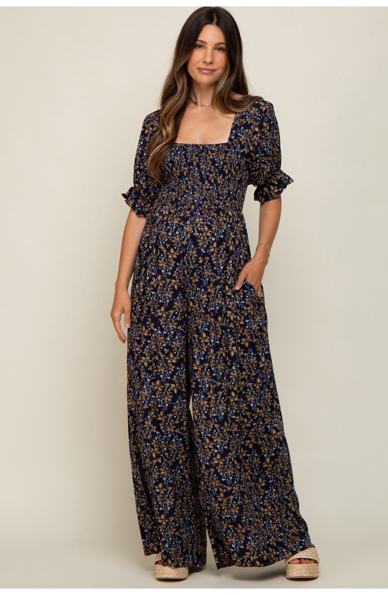 PinkBlush Floral Smocked Jumpsuit, Main, color, Navy Blue