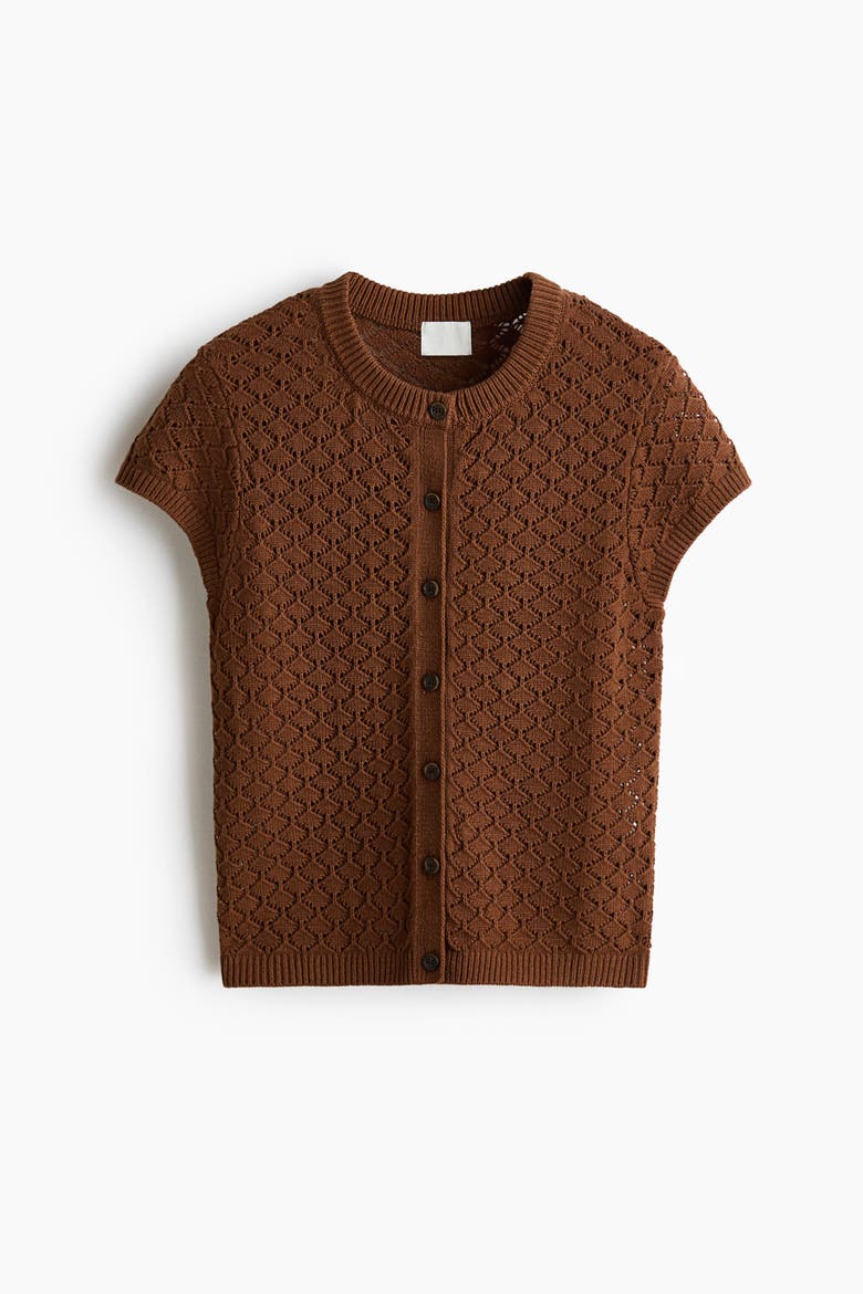 Cap-sleeved Pointelle-knit Cardigan, Alternate, color, Brown