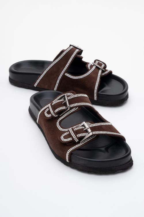 Forever & Always Shoes Allen Rhinestone Leather Slide Sandal In Brown