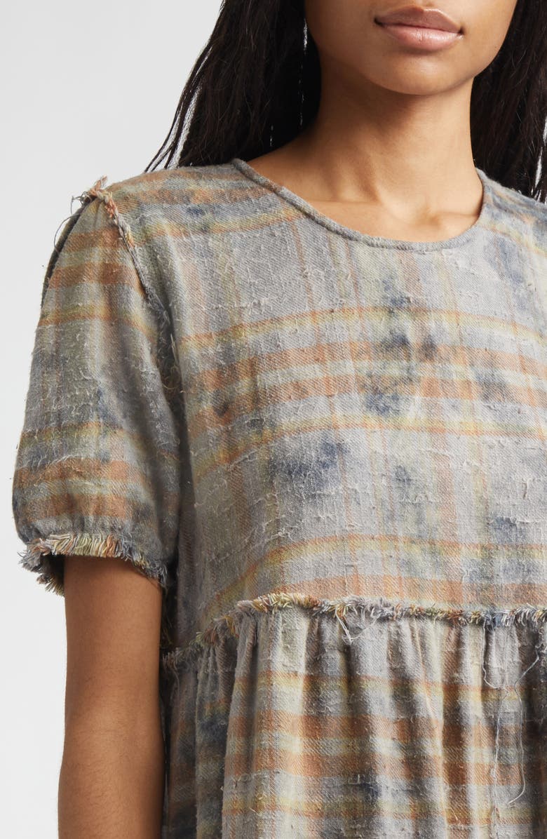 R13 Plaid Shredded Relaxed Cotton Flannel Midi Dress, Alternate, color, Overdyed Light Blue Plaid